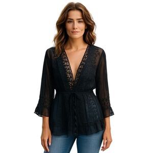 NEW POL Black Sheer Lace Lingerie Cover-Up / Robe / Wrap Tassel Embroidery Small